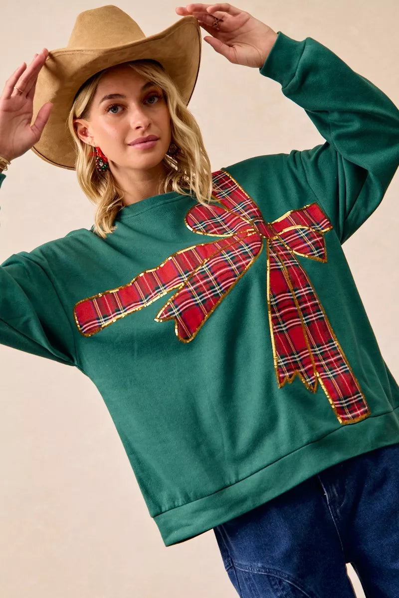 BiBi Plaid Ribbon Bow Detail Christmas Fleece Pullover OutfitFlow