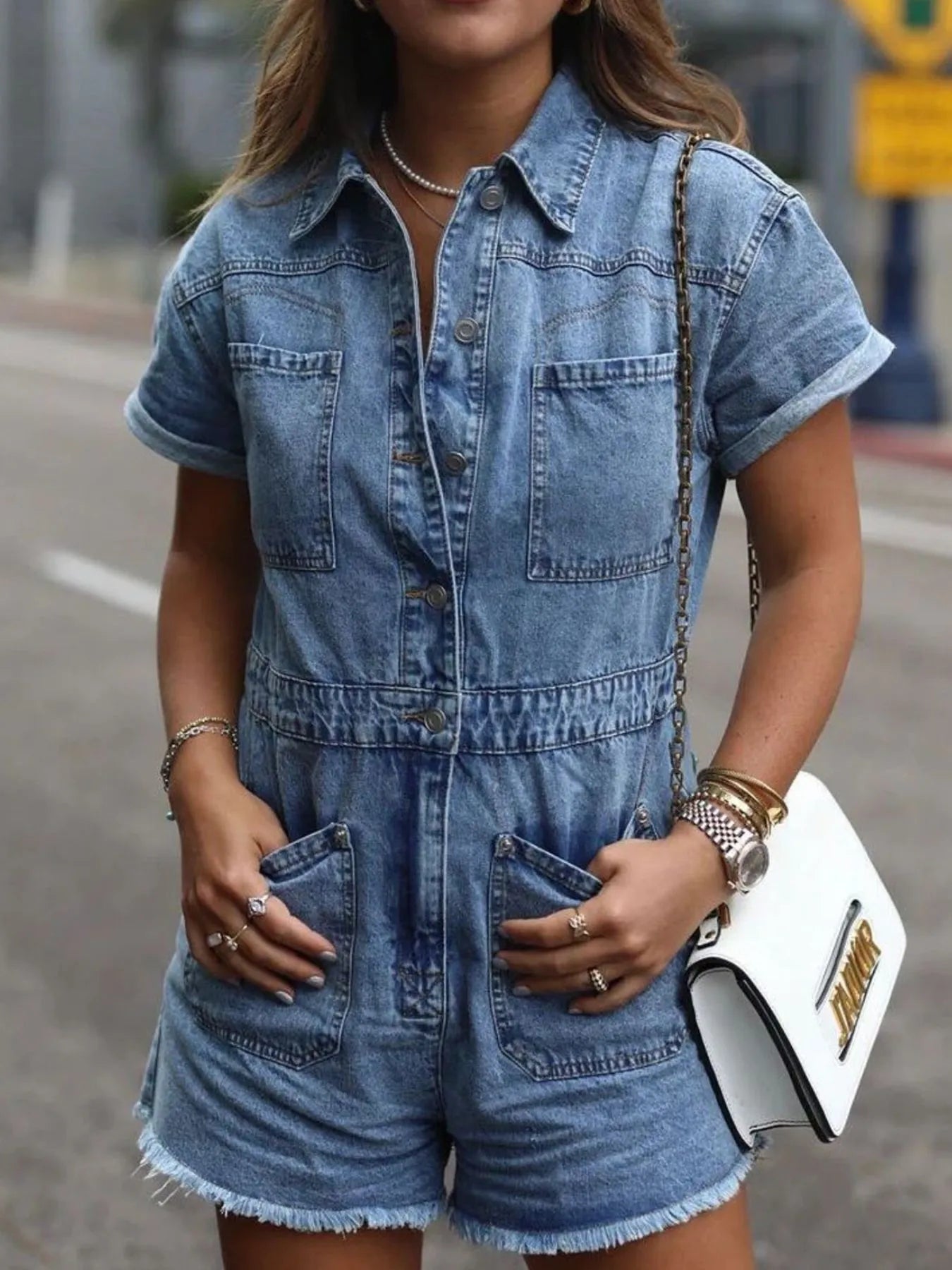 Short Sleeve Denim Romper with Front Pockets Light Blue OutfitFlow