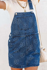 Flower Print Square Neck Denim Overall Dress OutfitFlow