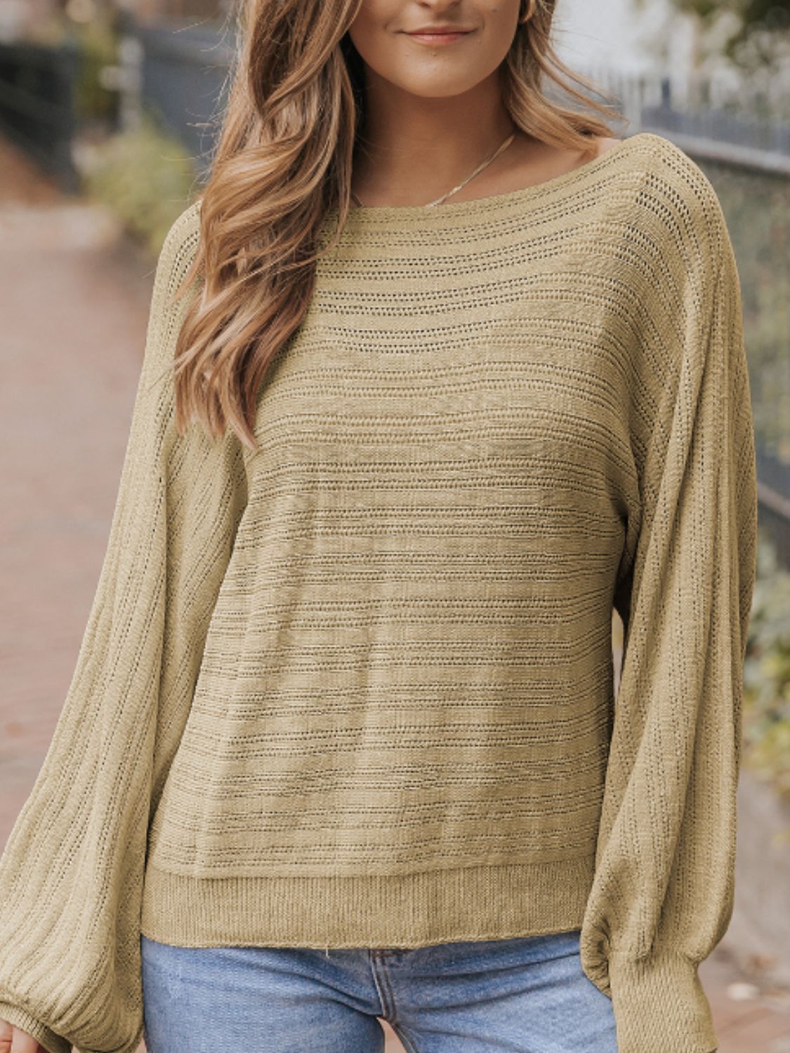 Outfit Flow - Eyelet Boat Neck Long Sleeve Knit Top