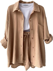 Textured Button Up Shirt and Shorts Set Khaki OutfitFlow