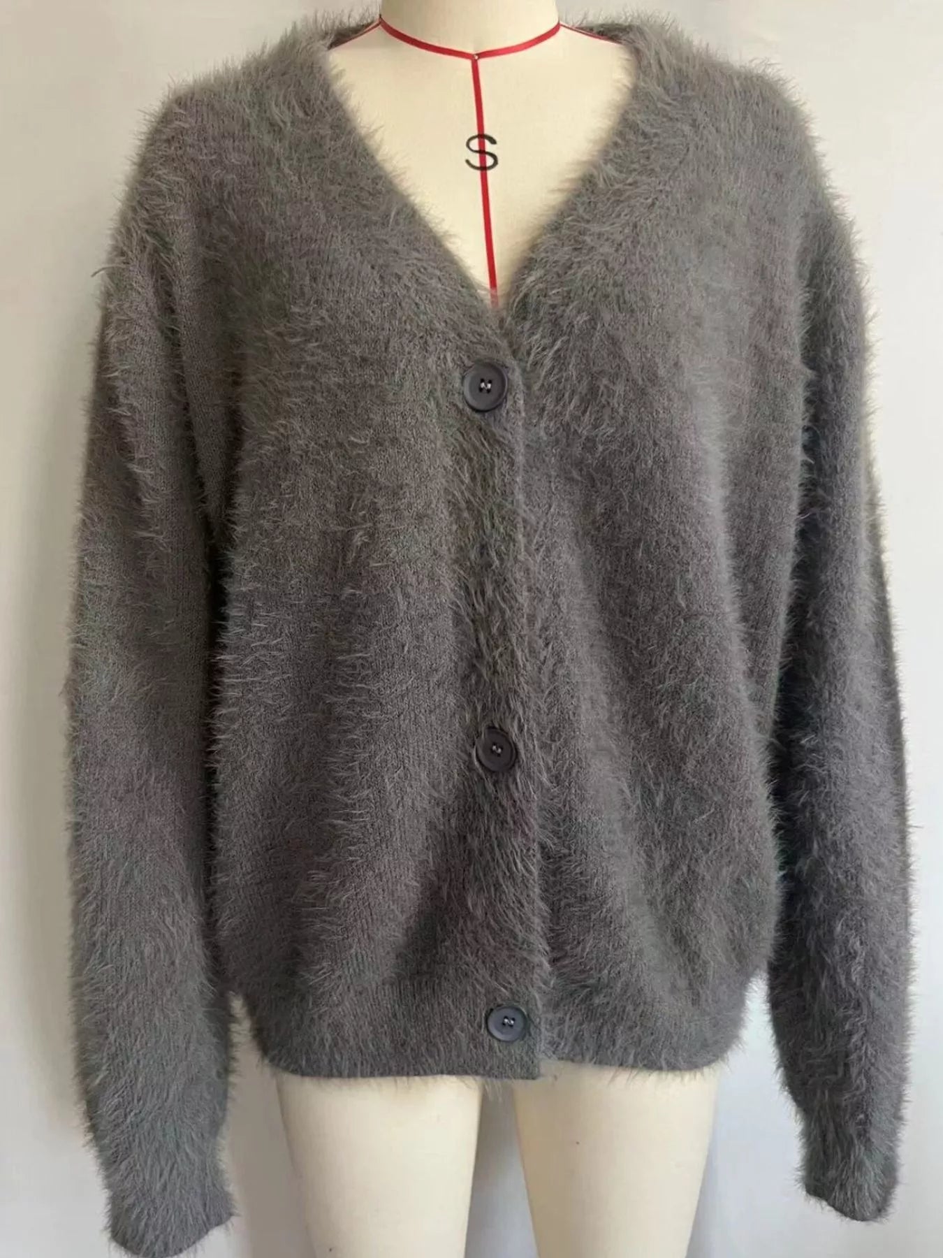 V Neck Button Down Fuzzy Knit Mohair Cardigan OutfitFlow