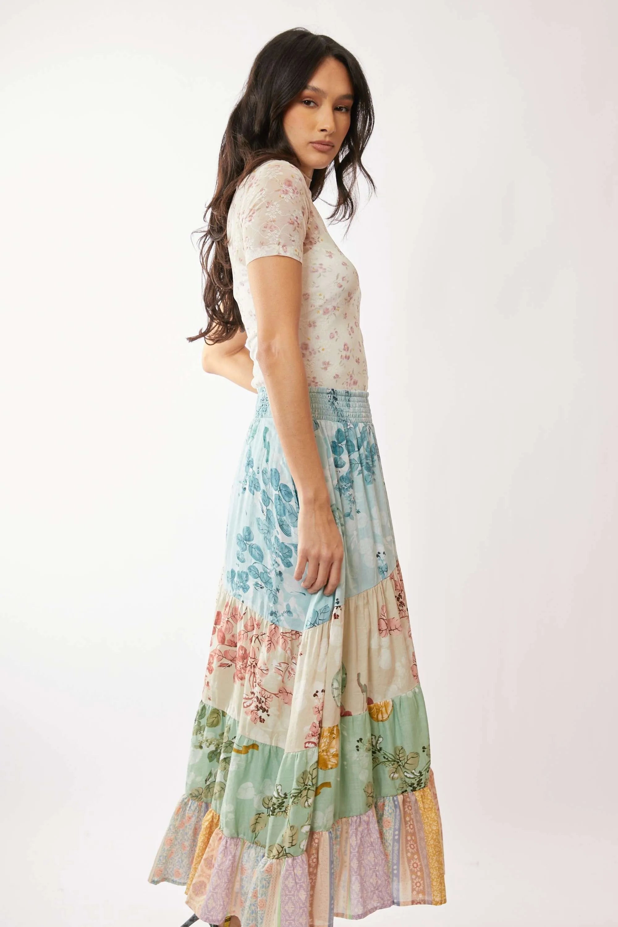 Davi & Dani Floral Mesh Mock Neck Short Sleeve Top OutfitFlow