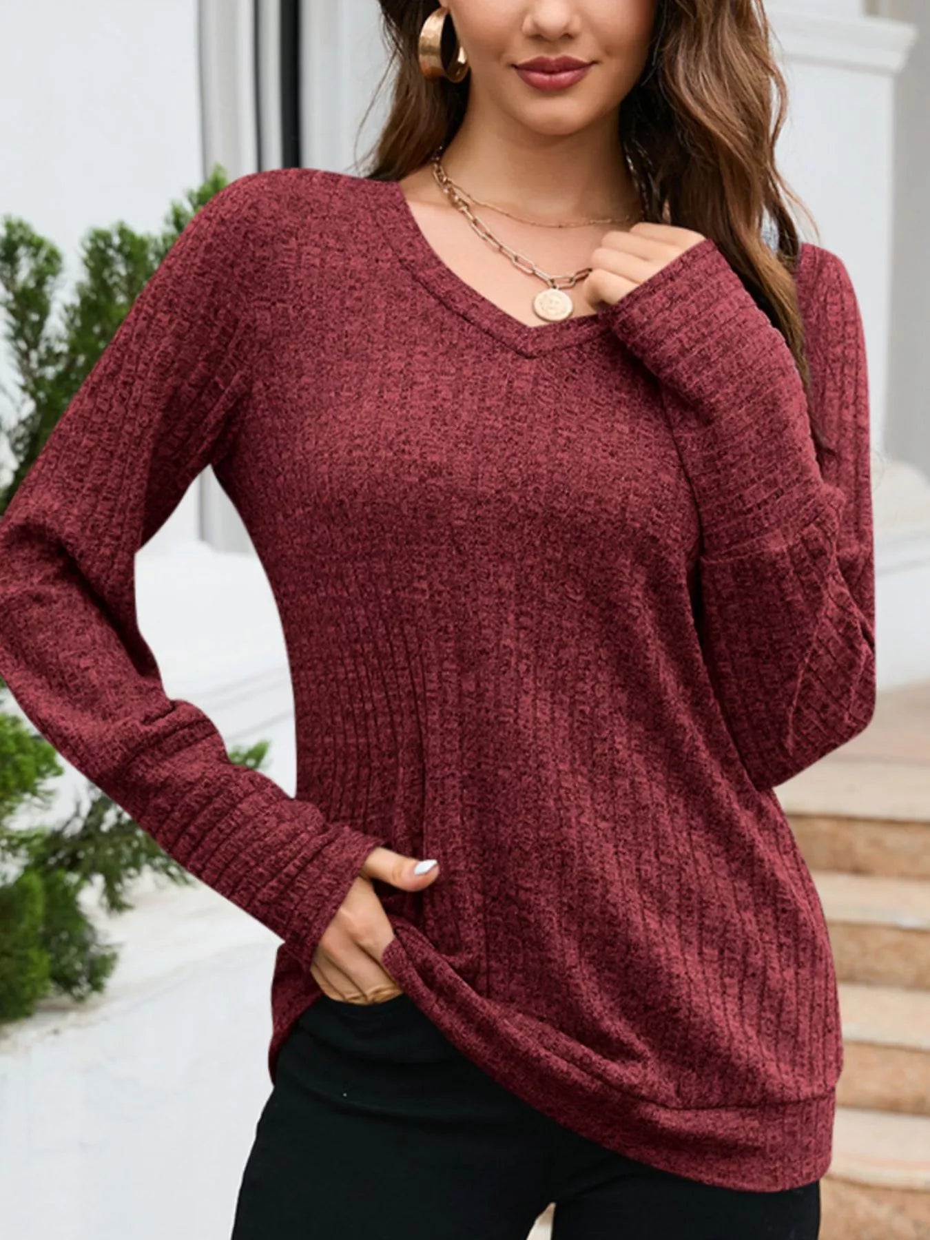 V-Neck Textured Knit Long Sleeve T-Shirt OutfitFlow