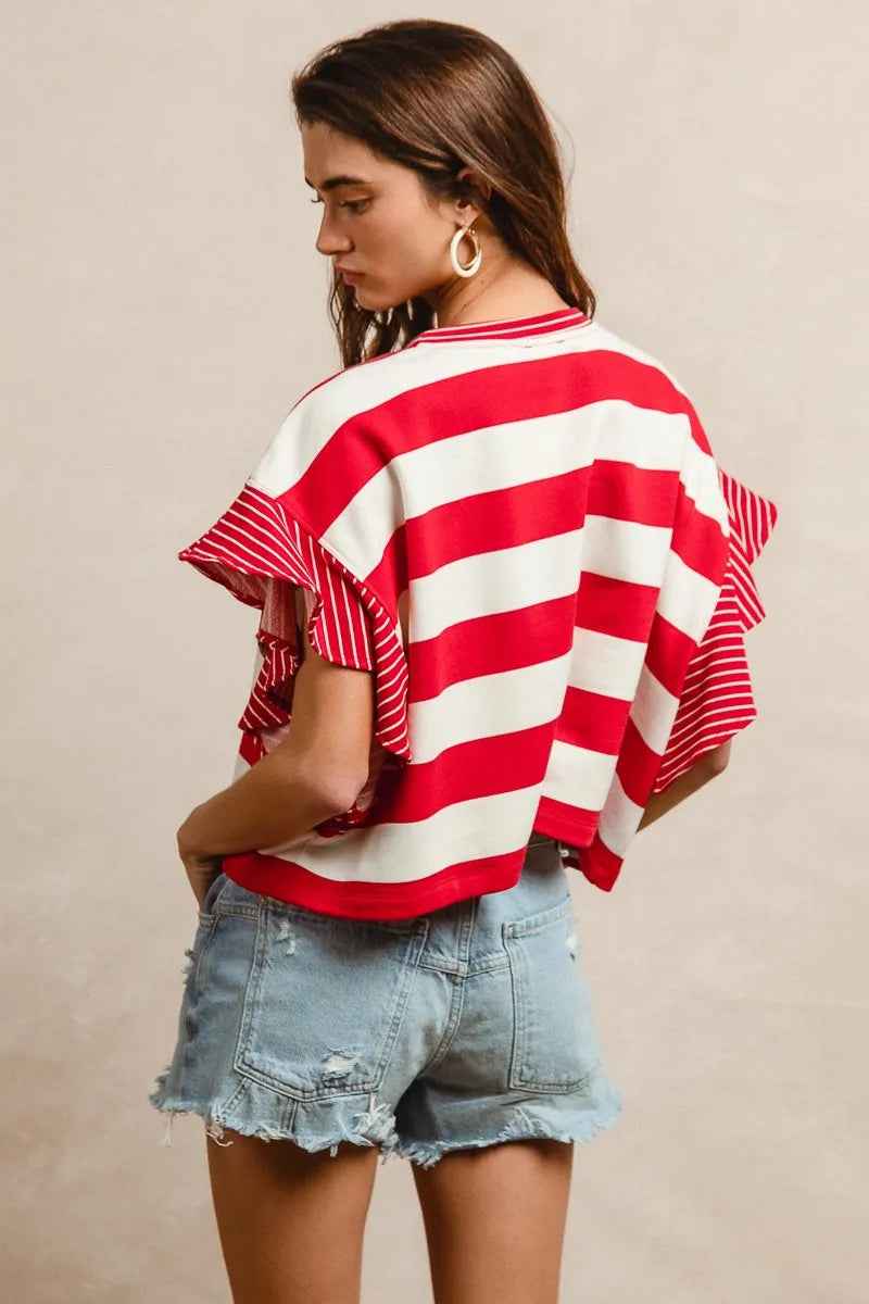 BiBi Stripe Mixed Ruffle Sleeve Top With Leopard Letter OutfitFlow
