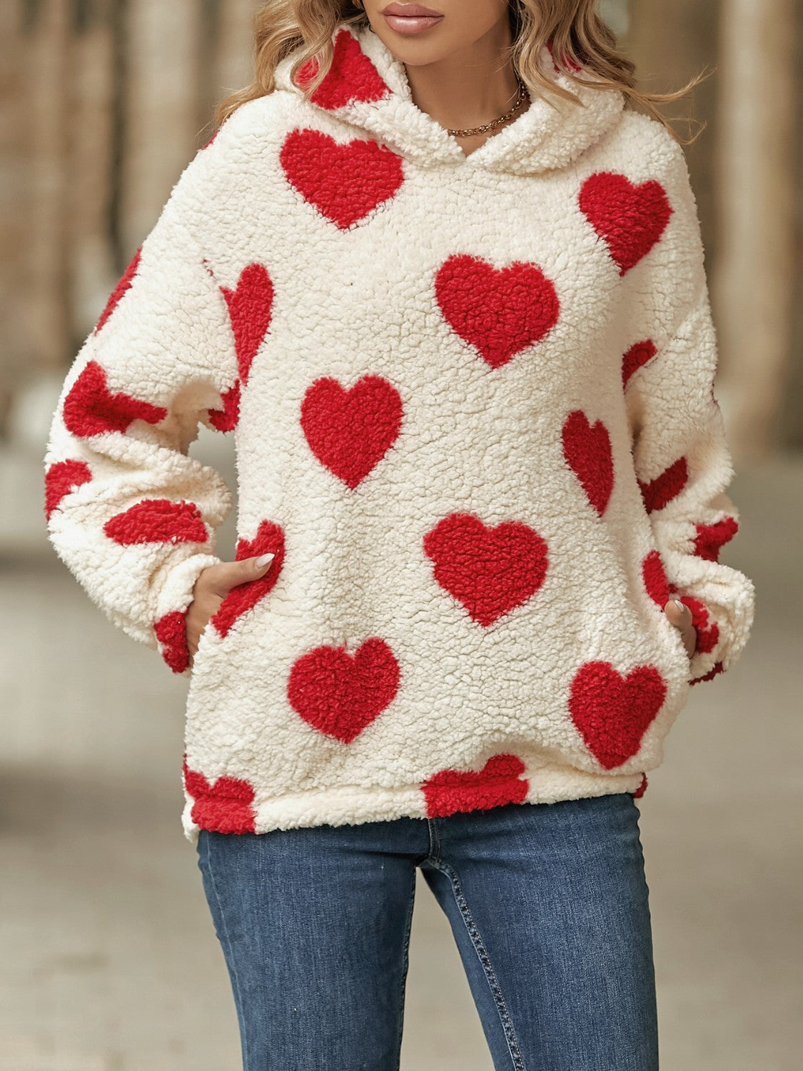 Outfit Flow - Fuzzy Heart Pocketed Dropped Shoulder Hoodie