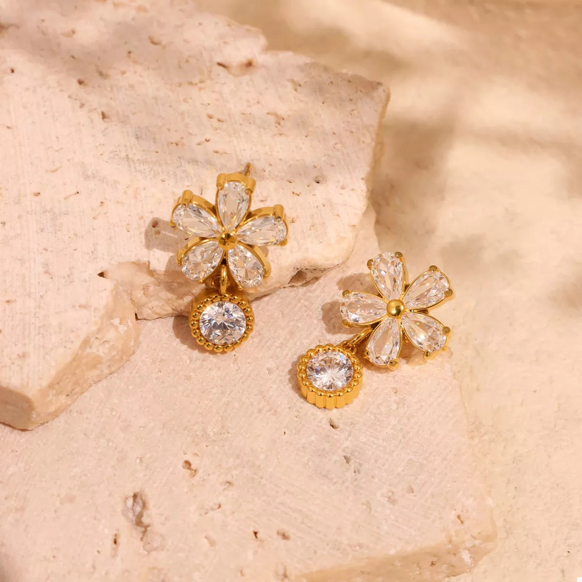 18K Gold-Plated Stainless Steel Zircon Flower Drop Earrings OutfitFlow