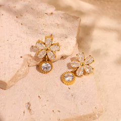 18K Gold-Plated Stainless Steel Zircon Flower Drop Earrings OutfitFlow