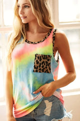 BiBi Sleeveless Tie Dye Top with Leopard Band OutfitFlow