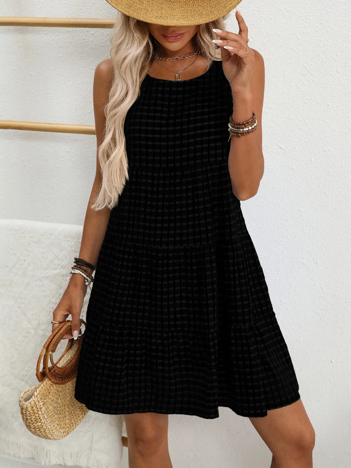 Plaid Round Neck Sleeveless Mini Dress Black OutfitFlow