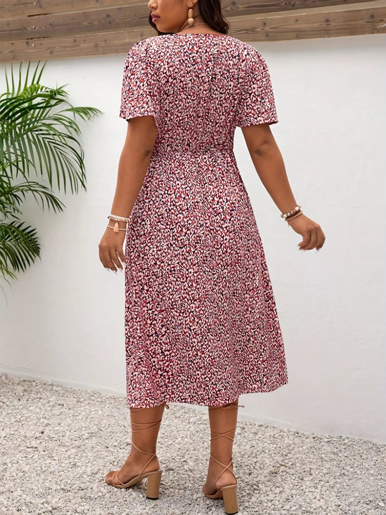 Plus Size Printed V-Neck Short Sleeve Midi Dress OutfitFlow