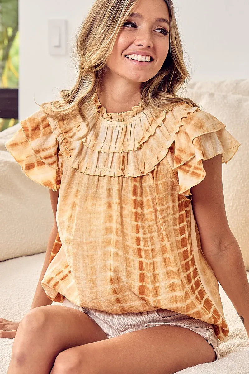 BiBi Tiered Ruffle Neck Tie Dye Top OutfitFlow
