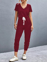 Casual V-Neck Short Sleeve Drawstring Waist Jumpsuit Burgundy Trendsi