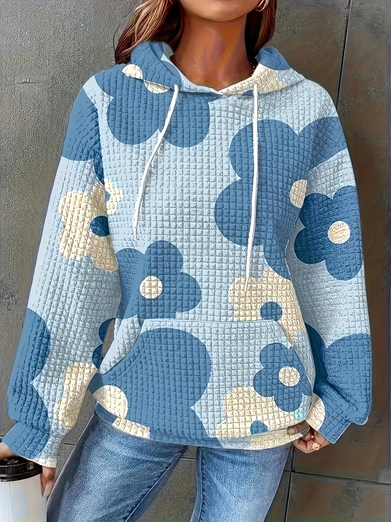Floral Print Textured Drawstring Hoodie Blue OutfitFlow