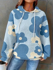 Floral Print Textured Drawstring Hoodie Blue OutfitFlow