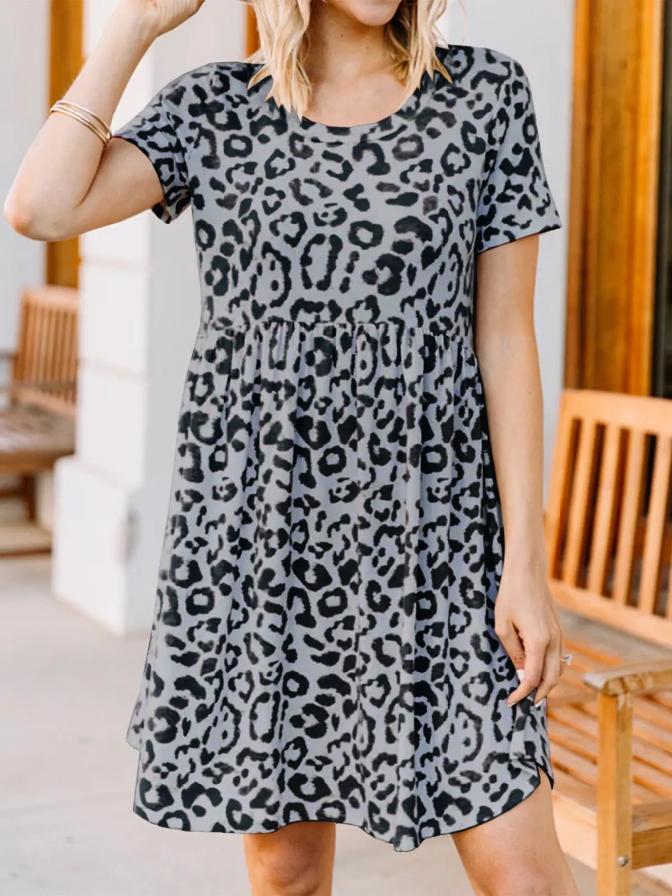 Leopard Print Short Sleeve Casual Dress OutfitFlow