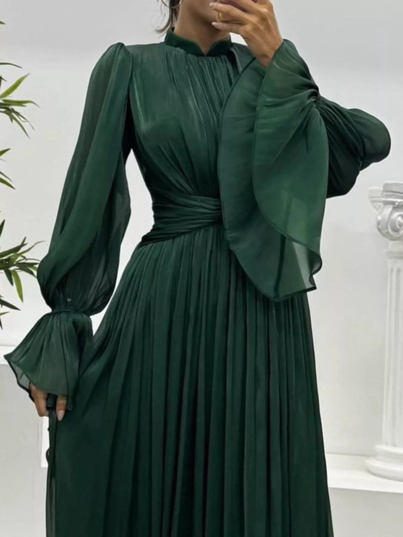 Pleated Mock Neck Long Sleeve Maxi Dress OutfitFlow