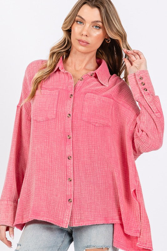 SAGE + FIG Frayed Hem Side Slit Button Down Shirt OutfitFlow