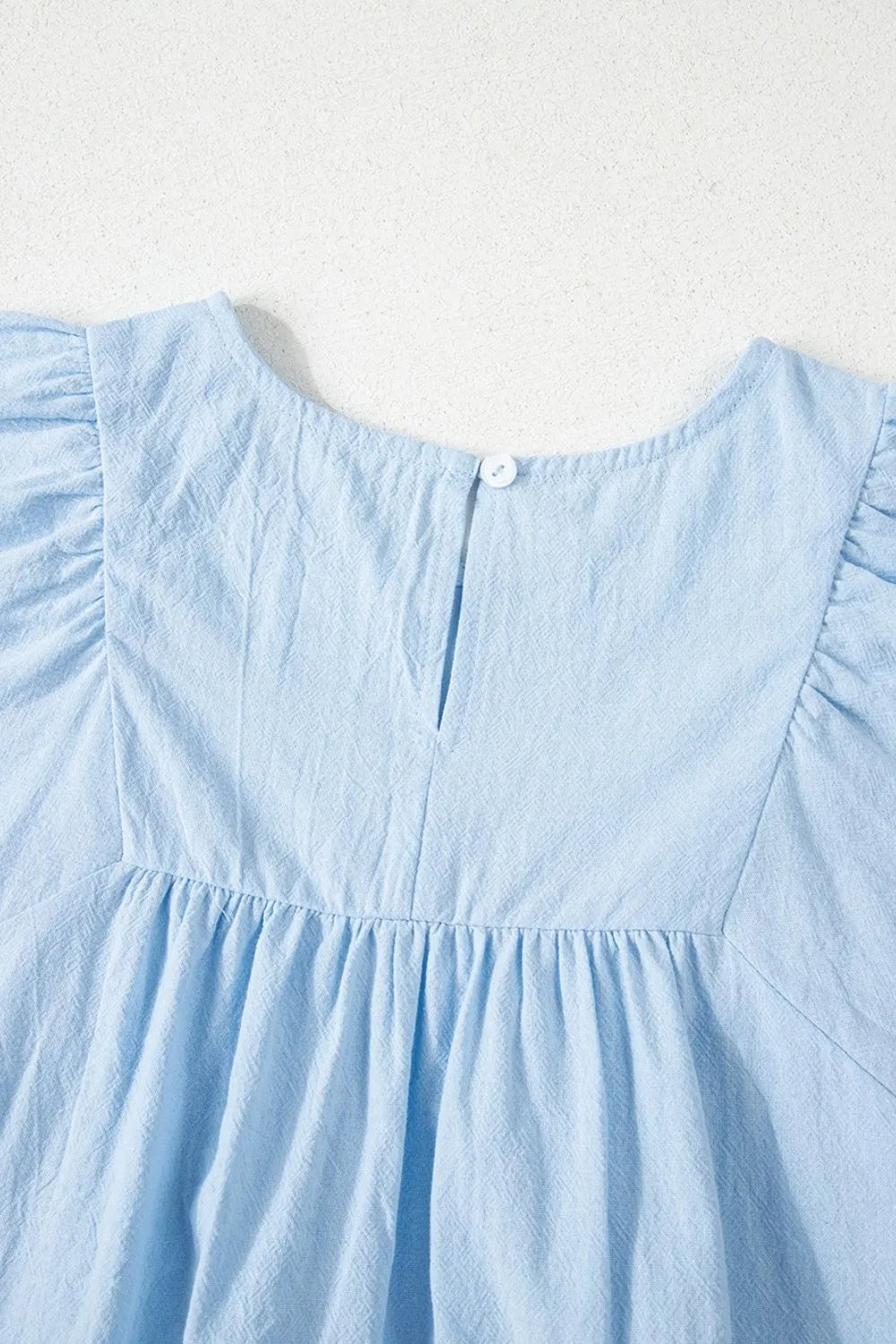 Solid Color Embroidered Scalloped Sleeves Crew Neck Blouse OutfitFlow