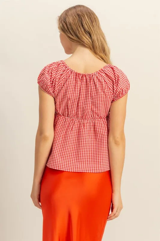 HYFVE Gingham Scoop Neck Cap Sleeve Blouse OutfitFlow