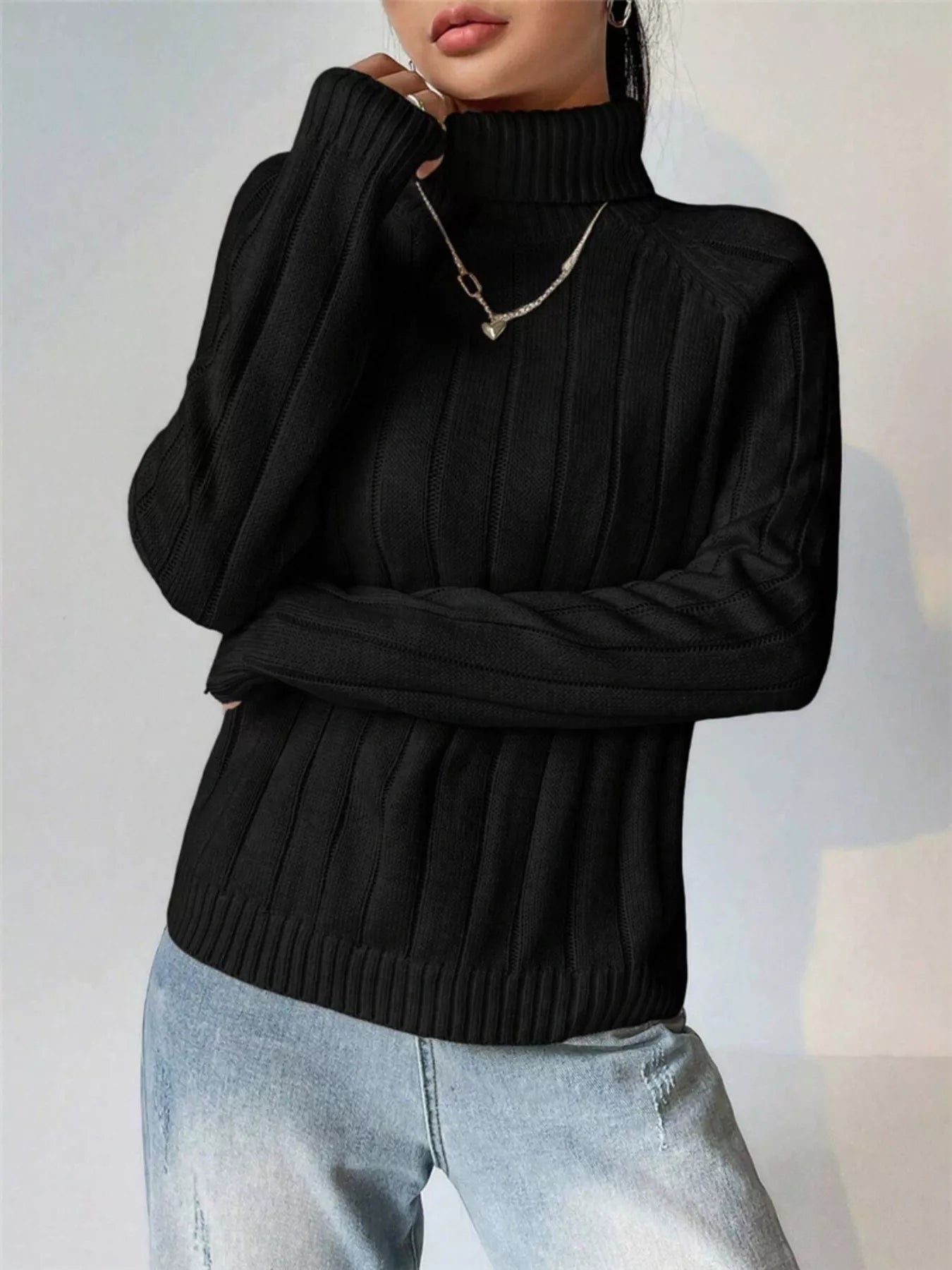 Ribbed Turtleneck Long Sleeve Sweater OutfitFlow