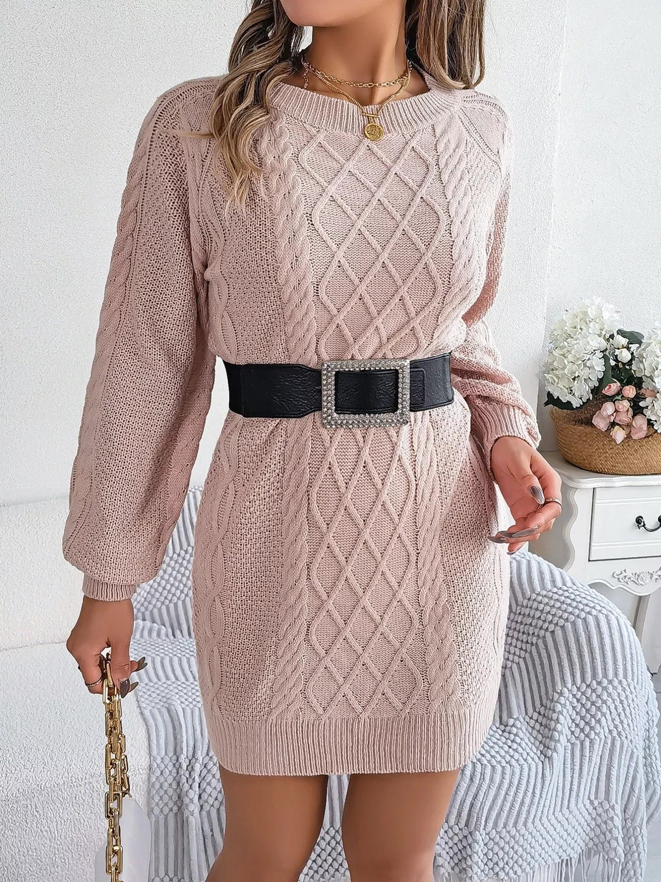 Diamond Cable Knit Sweater Dress with Long Sleeves OutfitFlow