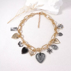 18K Gold-Plated Alloy Heart Charm Chain Statement Necklace OutfitFlow