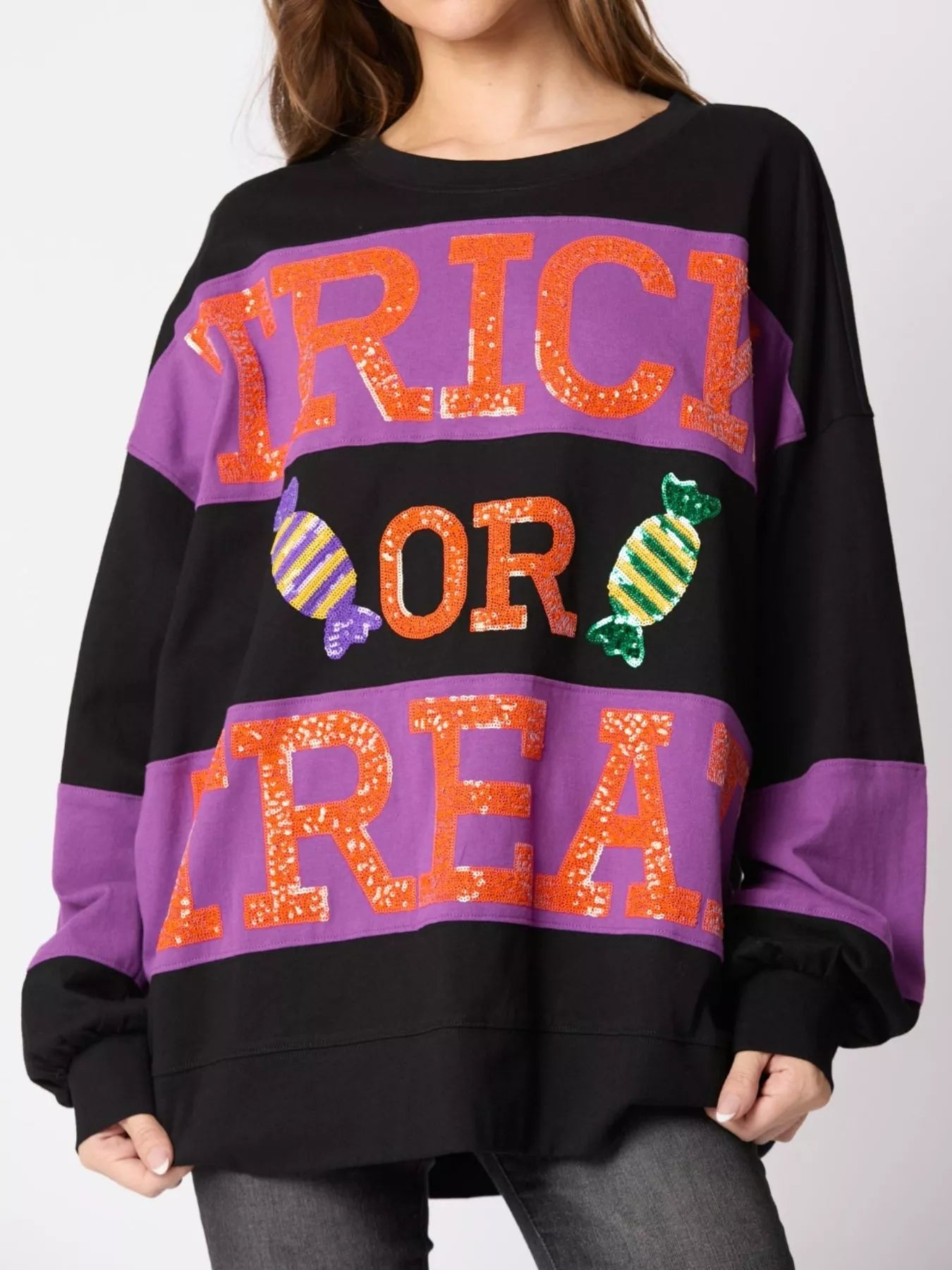 Halloween Trick Or Treat Sequin Sweatshirt Black OutfitFlow