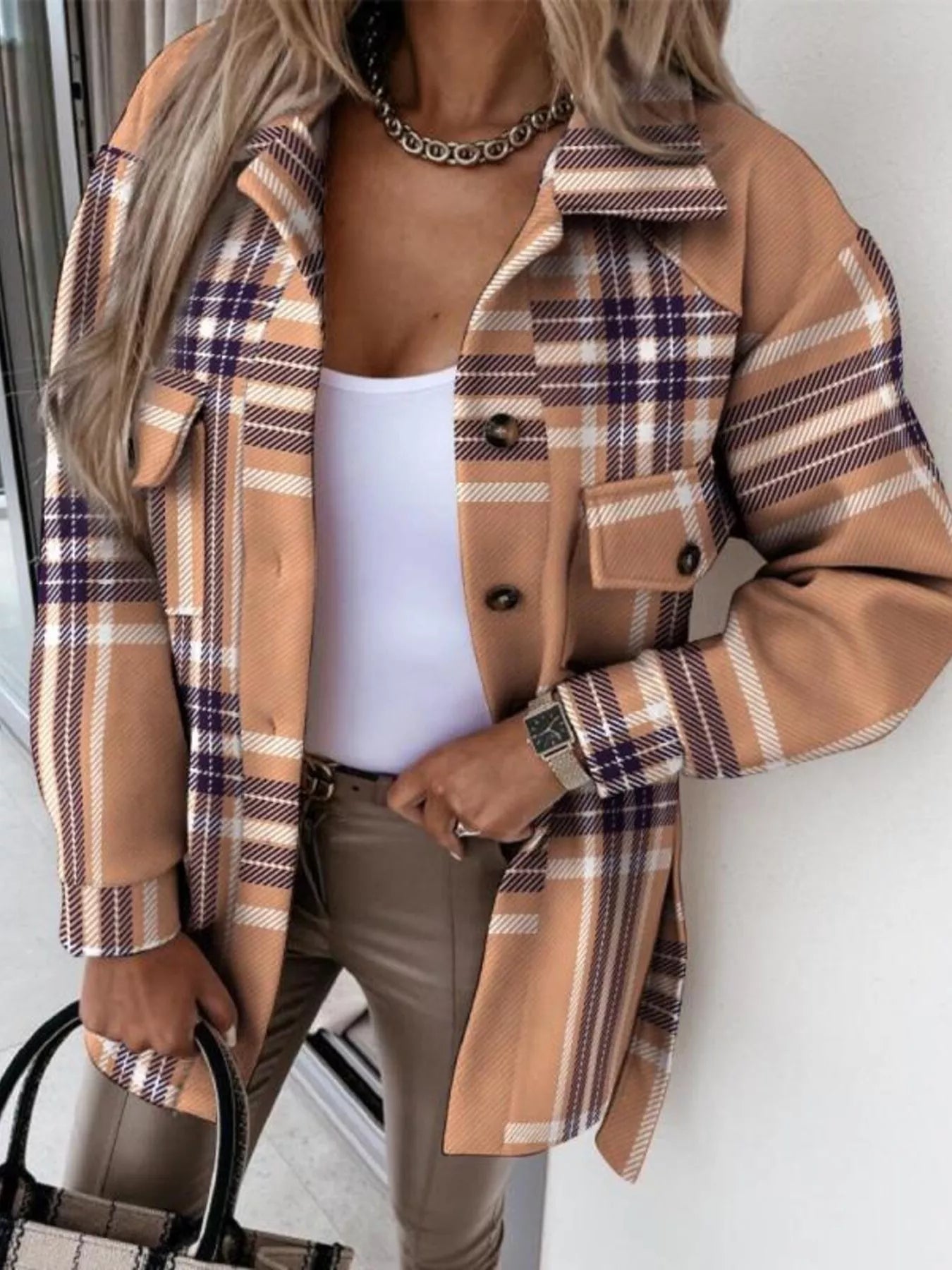 Button Up Long Sleeve Plaid Outerwear Trendsi