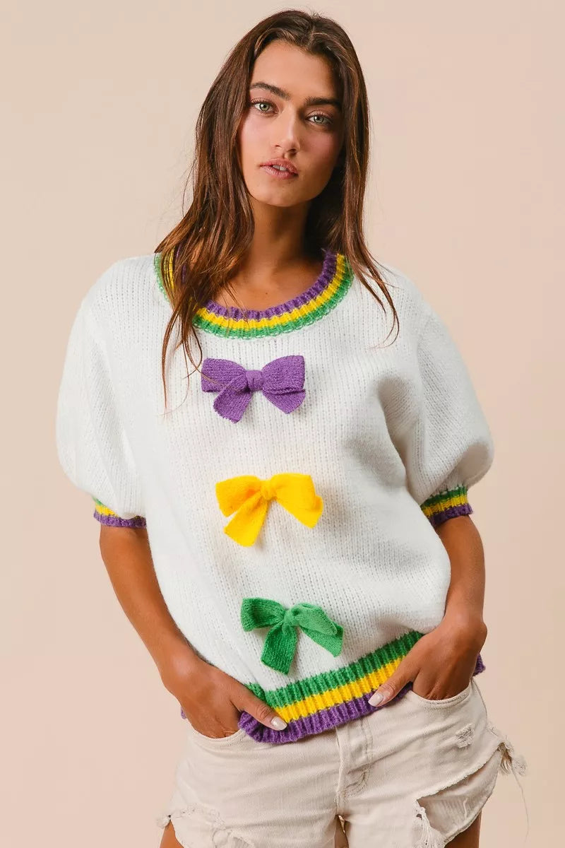BiBi Short Puff Sleeve Ribbon Bow Mardi Gras Sweater OutfitFlow
