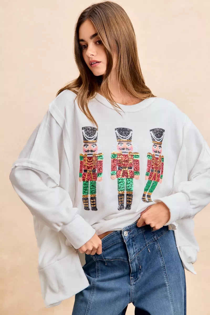 BiBi Christmas Sequin Nutcrackers Embroidery Sweatshirt OutfitFlow
