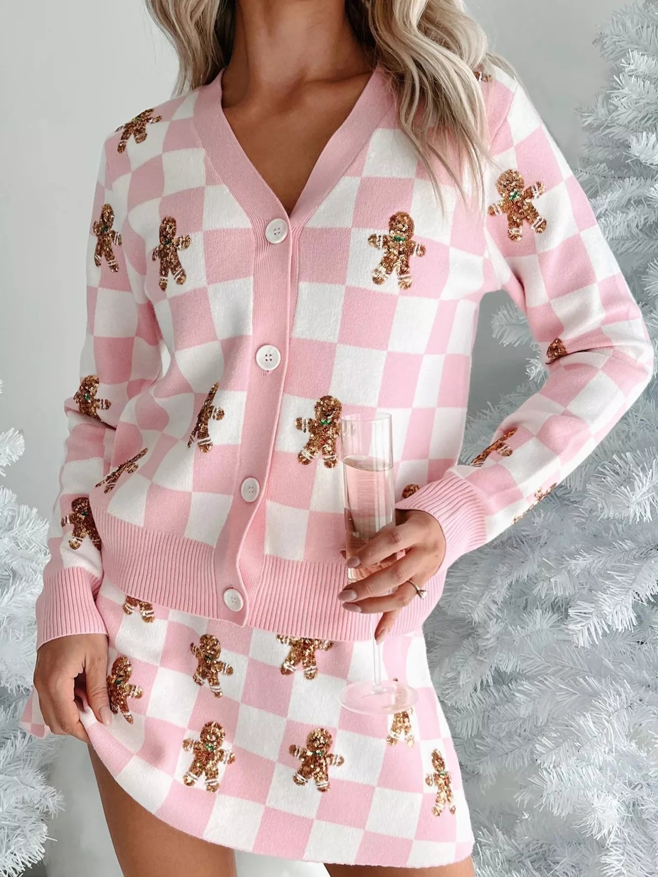 Gingerbread Checkered Cardigan and Skirt Sweater Set Pink OutfitFlow