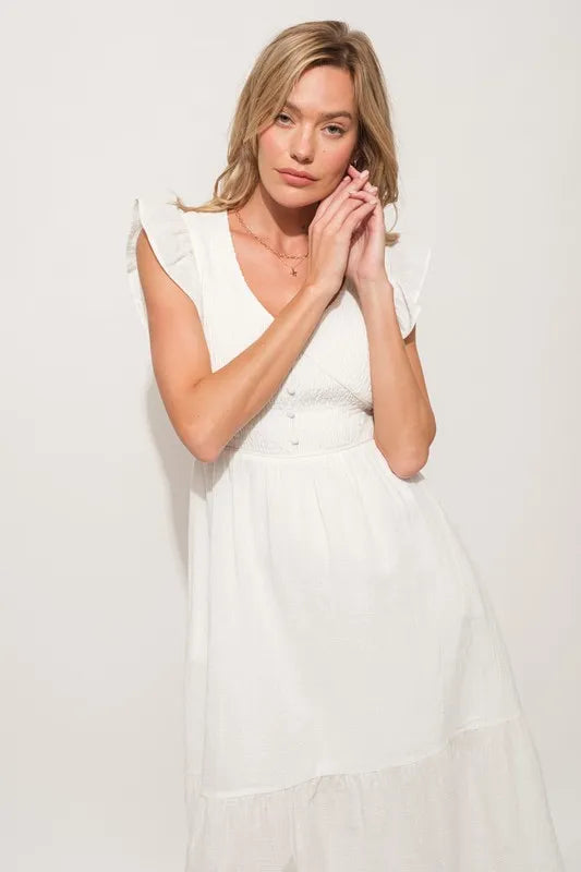 And The Why Ruffle Sleeve Front Smocked Tiered Midi Dress OutfitFlow