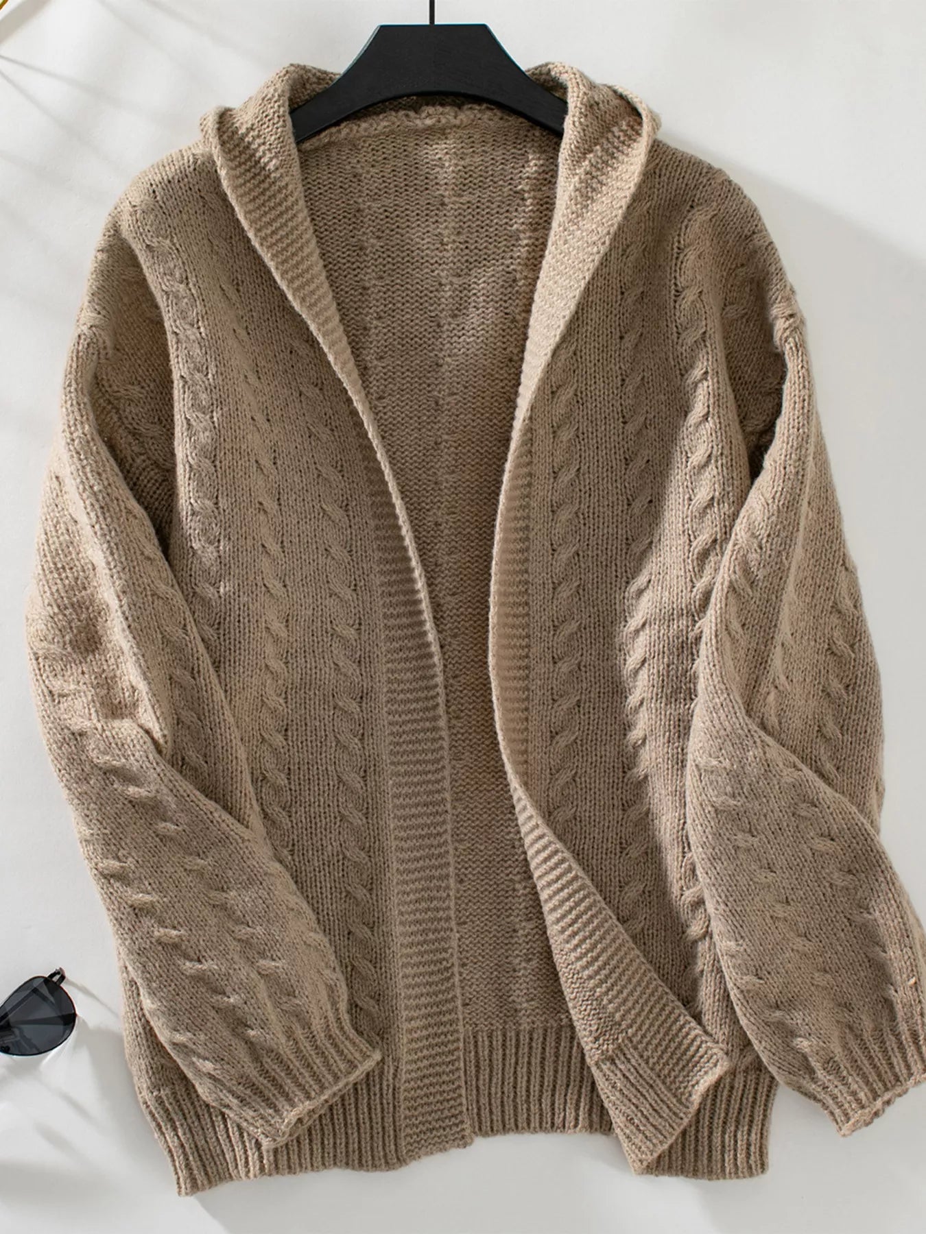 Cable Knit Open Front Hooded Cardigan Trendsi