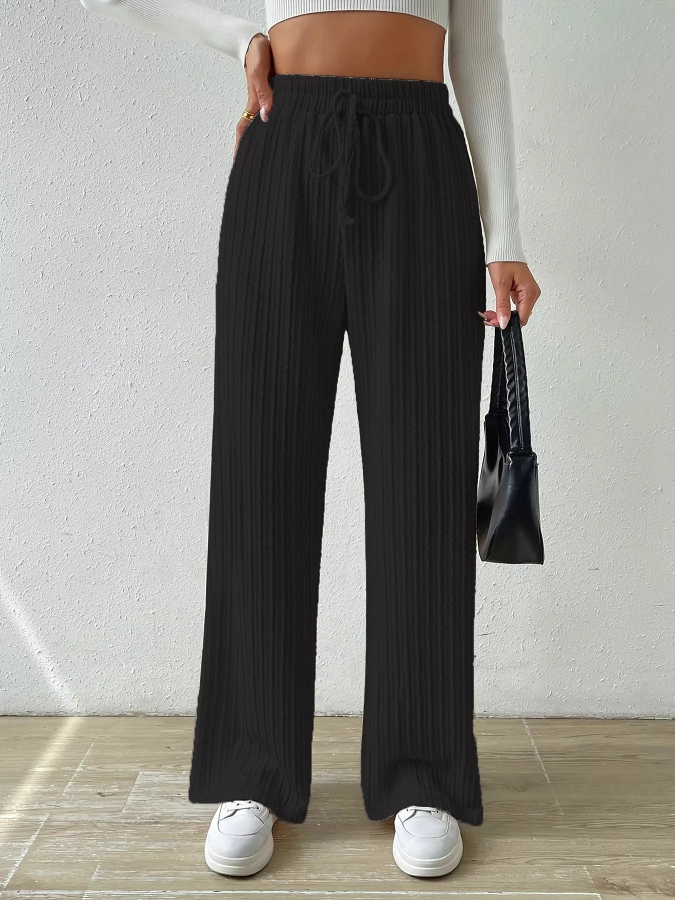 Drawstring Wide Leg Pants Black OutfitFlow
