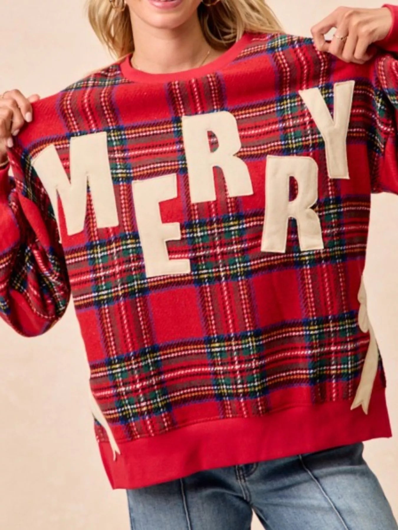 MERRY Bow Slit Crew Neck Christmas Sweatshirt OutfitFlow