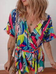 Multicolour Tropical Printed Surplice Neck Tie Waist Romper OutfitFlow