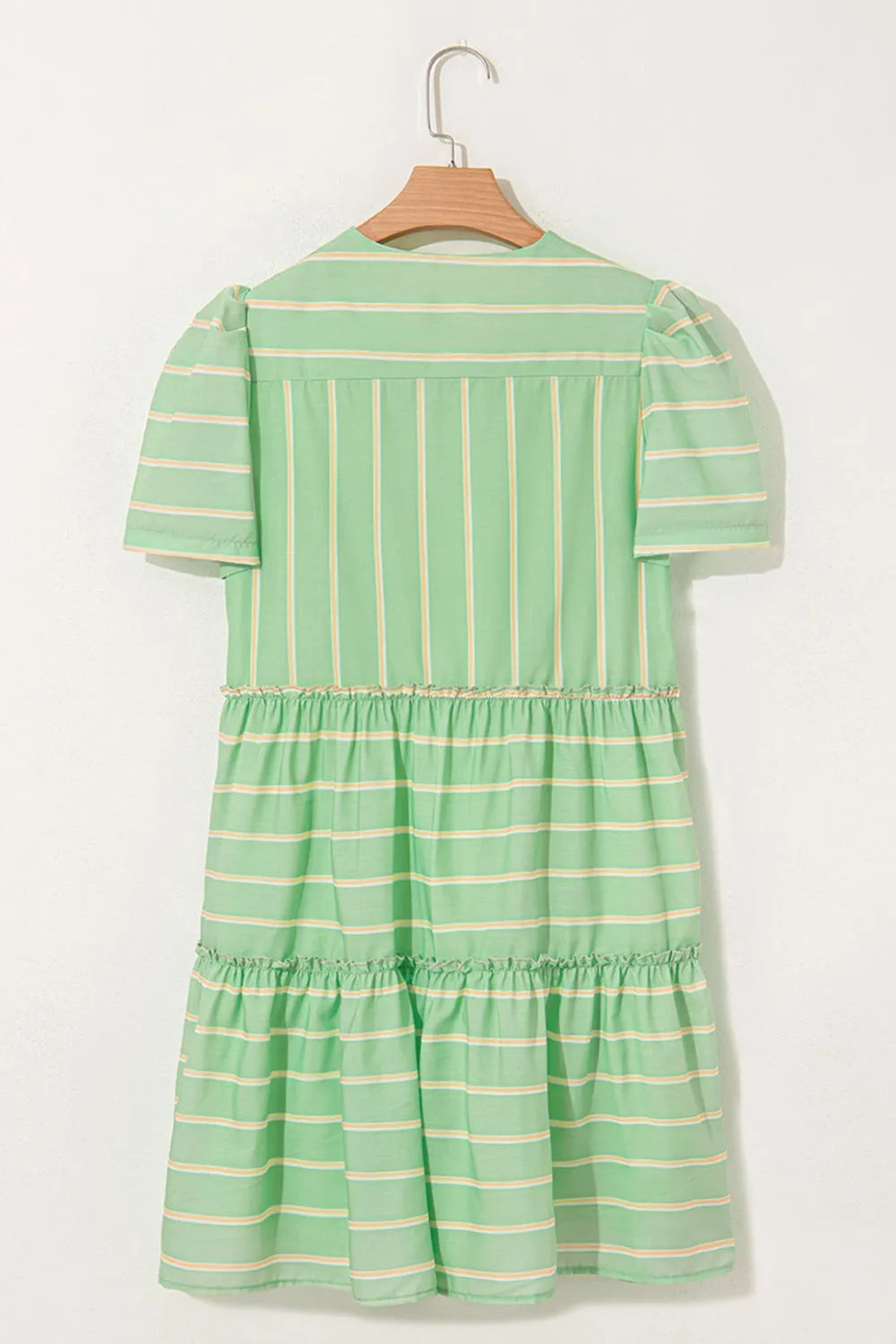 Stripe V Neck Short Sleeve Frilled Detail Dress OutfitFlow