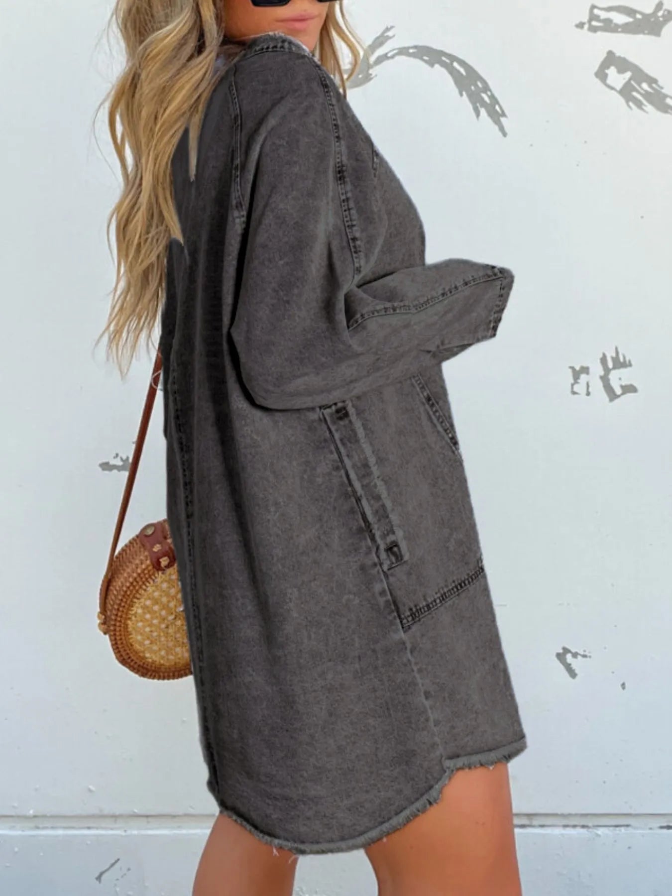 Full Size Button-Front Long Sleeve Denim Shirt Dress Plus Size OutfitFlow