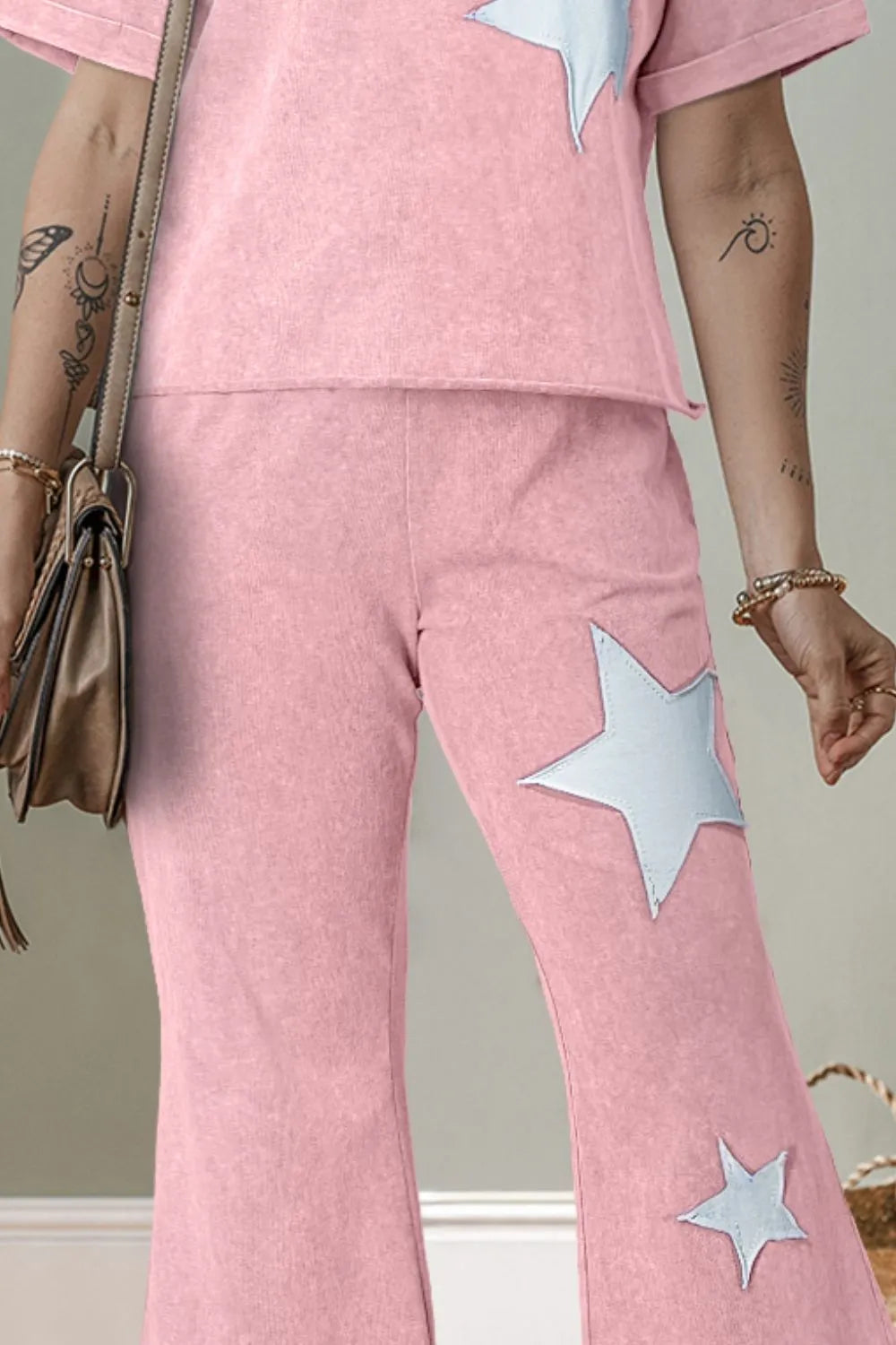 Star Round Neck Half Sleeve Top and Pants Set OutfitFlow