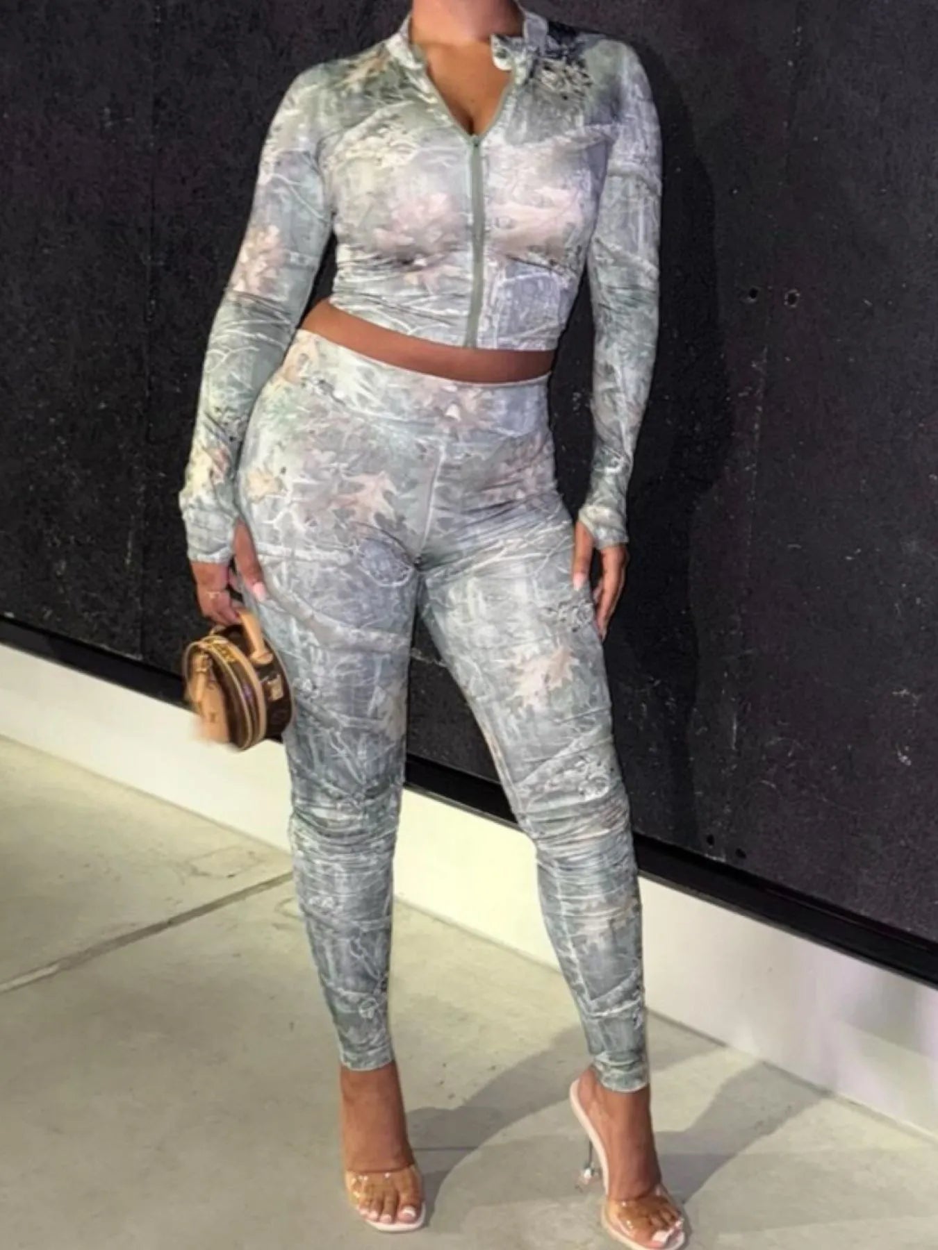 Zip Up Crop Top and Leggings Set OutfitFlow