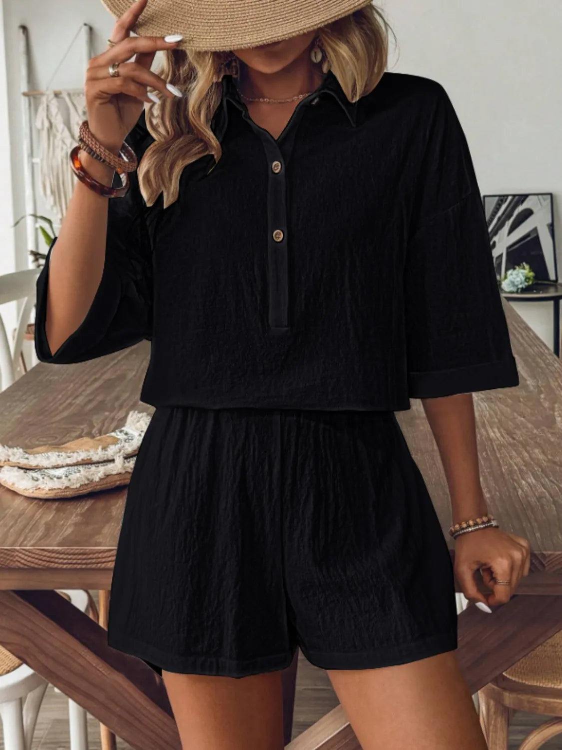 Collared Neck Half Sleeve Top and Shorts Set OutfitFlow