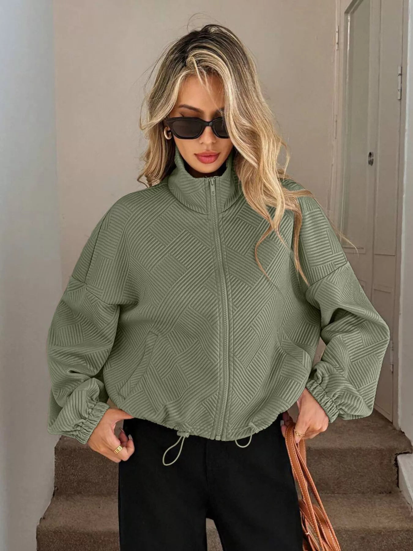 Drawstring Hem Textured Long Sleeve Jacket OutfitFlow