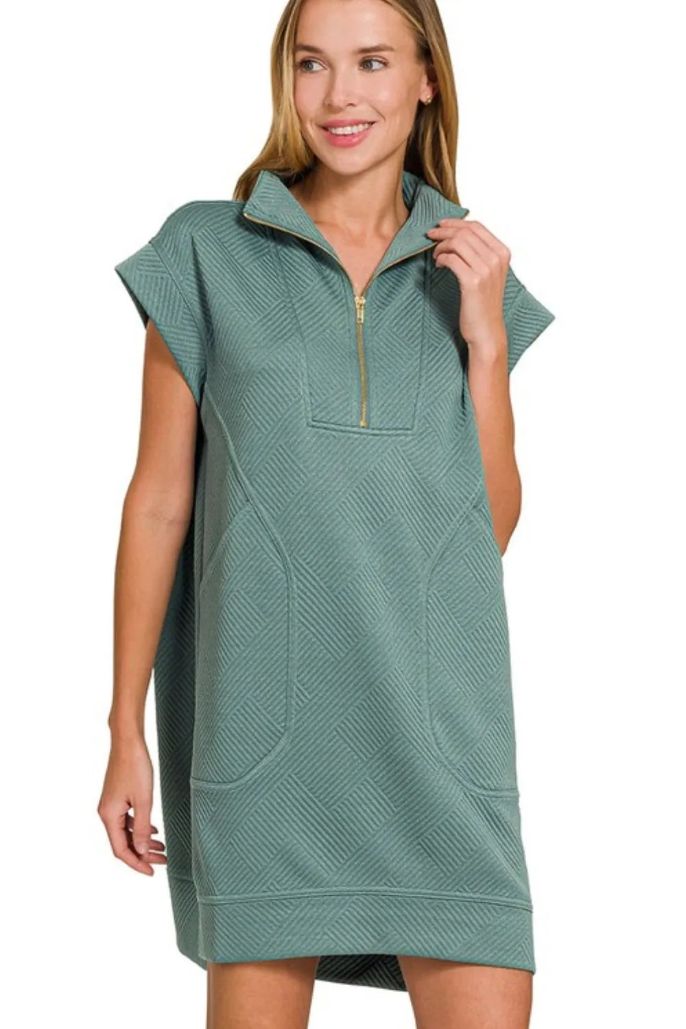 Zenana Textured Knit Jacquard Quarter Zipper Mini Dress OutfitFlow