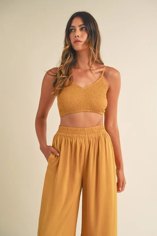 MABLE Smocked Bralette Crop Top and Wide Leg Pants Set OutfitFlow
