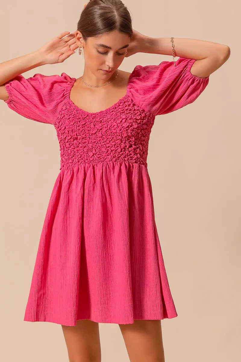 SO ME Textured Woven Daily Dress with Puff Sleeves OutfitFlow