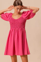 SO ME Textured Woven Daily Dress with Puff Sleeves OutfitFlow