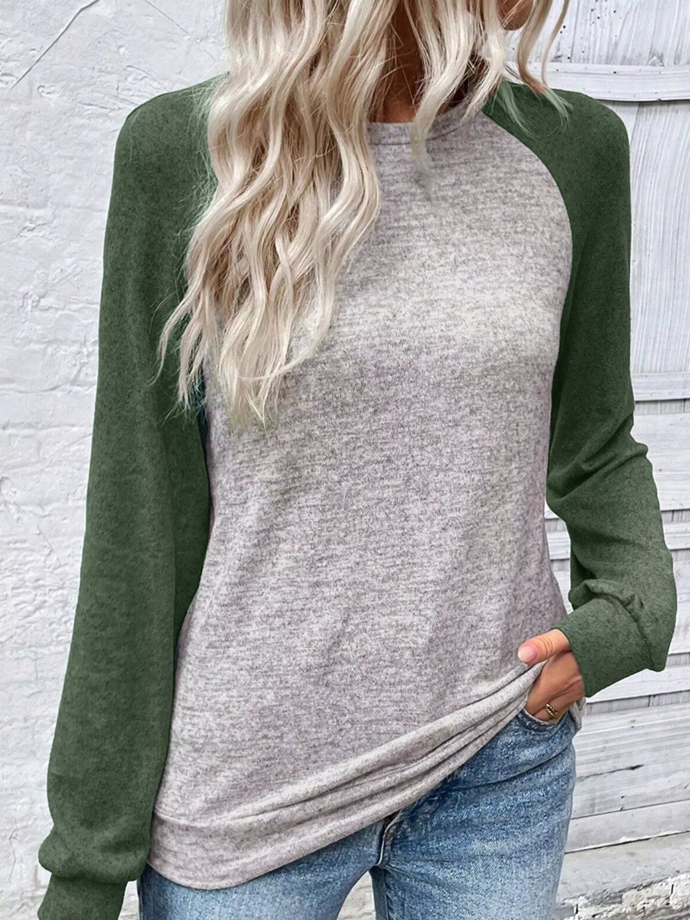 Color Block Raglan Long Sleeve T Shirt OutfitFlow