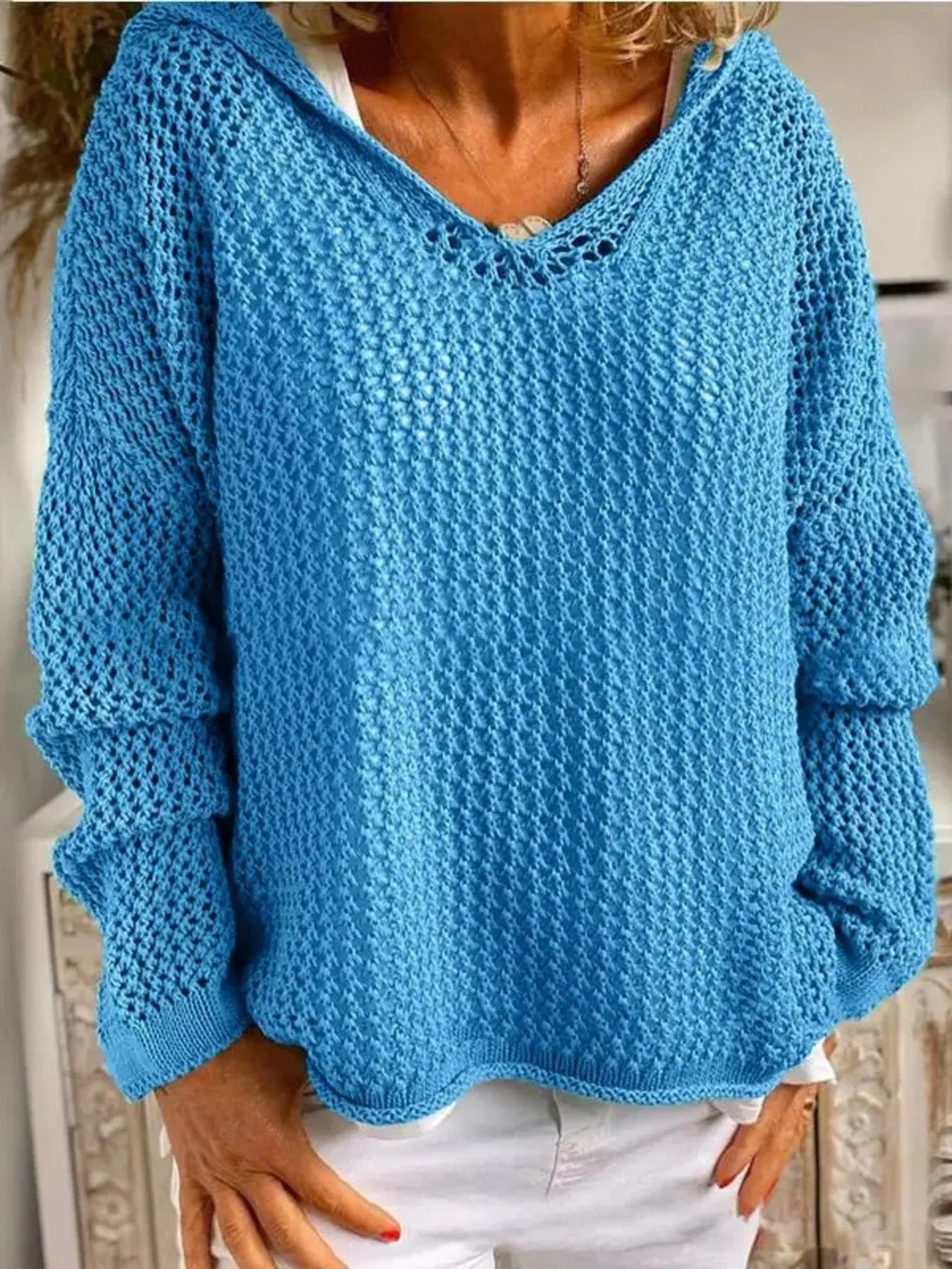 Openwork Long Sleeve Hooded Knit Cover Up Blue OutfitFlow