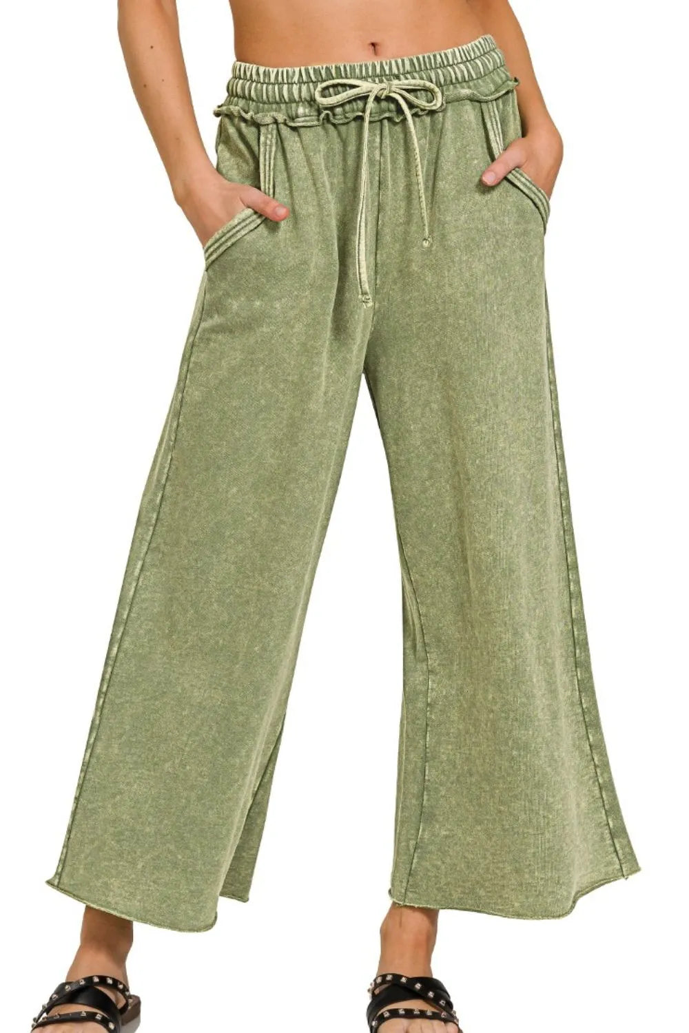 Zenana Washed French Terry Palazzo With Pockets LT OLIVE OutfitFlow